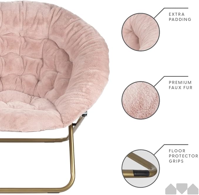 Milliard Saucer Chair For Adults, Teens & Kids, Pink, Faux Fur XL Circle Chair for Bedroom, Dorm & Gaming, Foldable Comfy Accent Seat for Small Spaces, Folding Moon / Mushroom / Round Oversized Style