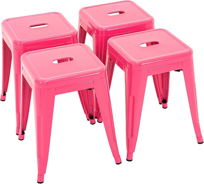 Brage Living 18 Inch Industrial Metal Stools Set of 4, Stackable Classroom Stools, Backless Metal Dining Chairs for Indoor Outdoor, Kitchen Short Stools (Hot Pink)