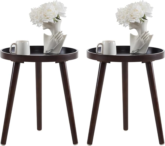 Apicizon Brown Round Side Table Set of 2, Tray Nightstand Sofa Coffee End Table for Living Room, Bedroom, Small Spaces, Easy Assembly Bedside Table, 15 x 18 Inches, Brown