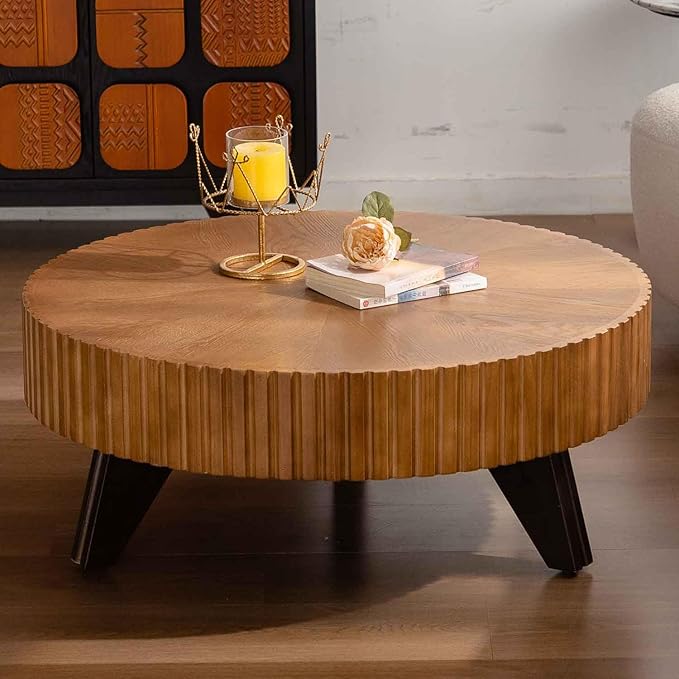 Round Coffee Table, 35.4" Vintage Handcraft Relief Drum Coffee Table Circle Wood Side Table End Table Accent Center Table Home Decor Table for Living Room Bedroom Apartment, Oak