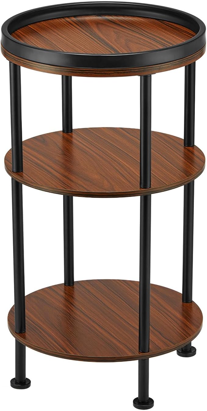 Side Table, Small Round Side Table for Small Spaces, 3-Tier Round Accent Table Slim Side Table, Modern Sofa End Table Corner Table for Living Room Bedroom Nightstand (Classic, Cherry)