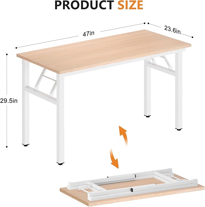 DlandHome 47 inches Folding Table Computer Desk Portable Activity Conference Table Home Office Desk, Fully Assembled Pink Oak Destop with White Frame
