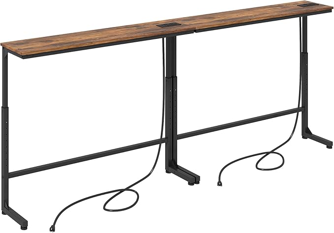 Kitstorack 2-Pack Rustic Brown Console Table, 7.9" Deep Panel, Adjustable Height (25"-33") & Built-in Power Outlets, Behind Sofa Couch, Includes 4.9' Power Cord - 79" L