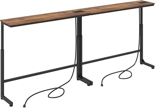 Kitstorack 2-Pack Rustic Brown Console Table, 7.9" Deep Panel, Adjustable Height (25"-33") & Built-in Power Outlets, Behind Sofa Couch, Includes 4.9' Power Cord - 79" L