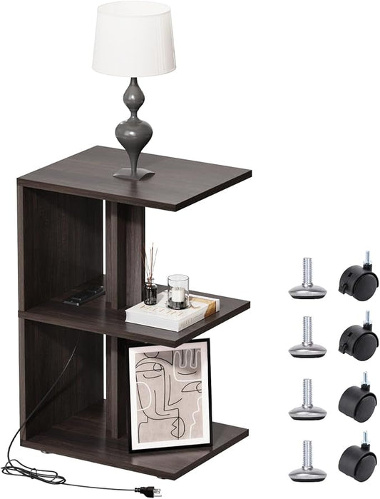 1 Pack Night Stand with Charging Station, Bedside Table for Couch, USB Ports and Outlet, Side/End Table with 3-Layer Storage Shelves for Small Spaces, Living Room, Bedroom, Bedside (Brown)