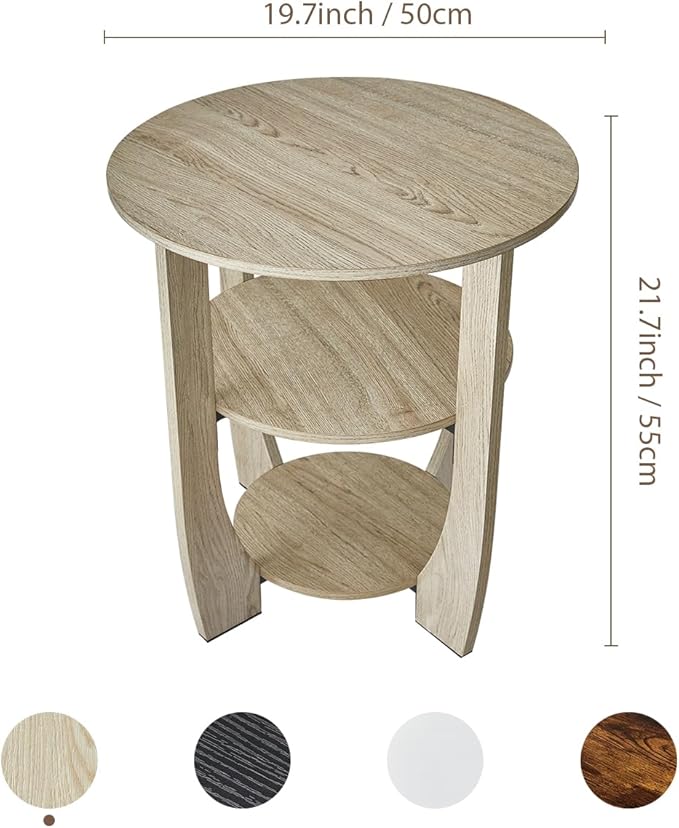 Round End Table with Storage Shelf,3 Tier Modern Side Table, Sofa Recliner Side Table,Accent Coffee Table,Nightstand for Living Room Bedroom for Small Spaces,19.7" D x 21.7" H