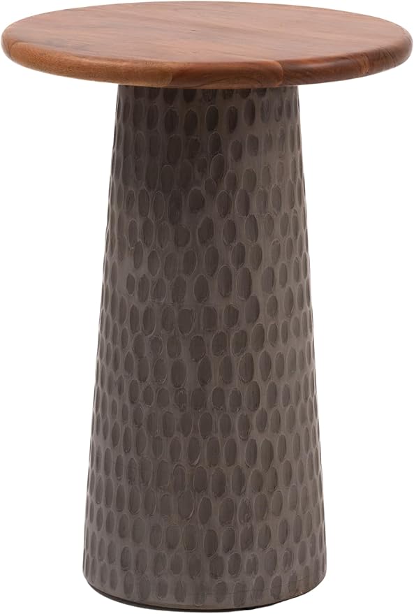 Mid-Century Farmhouse Design Hand-Carved Pedestial Solid Mango Wood Accent Drink Table, Small Round Side Table with Round Natural Top for Living Room, Bedroom or Entryway, Gray, Assembled