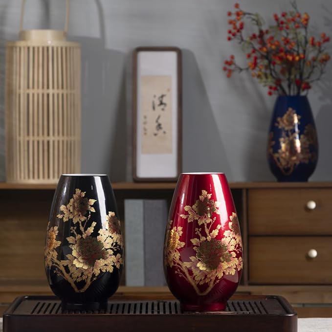 9 Inch Glossy Vintage Ceramic Vase with Floral Design,Flower Vases for Dining Table & Wedding Centerpiece, Handcrafted Home Decor,Boho Decoration for Living Room,Office,Entryway,Pampas Grass(Wine red)