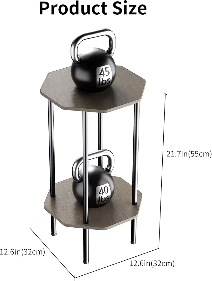 Side Table, Octagonal End Table for Small Spaces, Nightstand with 2 Storage Shelves, Small Table Stand for Bedroom, Living Room, Outdoor Balcony(Gray)