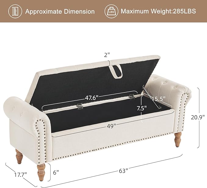 Furniliving 63” End of Bed Bench, Bedroom Bench with Button-Tufted, Large Upholstered Storage Ottoman Benches Entryway Bench with Storage Shoe Cabinet Bench, for Bedroom, Living Room, Linen, Beige
