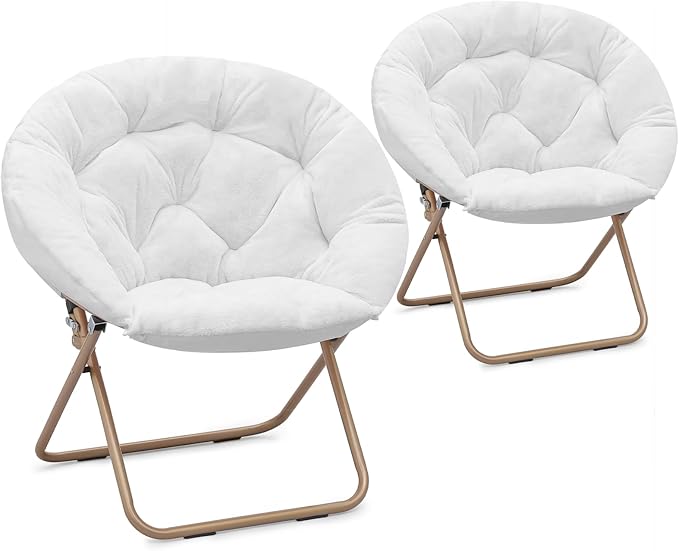 Athena Collection Comfy Saucer Chair Folding Cozy Chair for Bed Room Living Room Accent Chair Faux Fur Reading Chair Foldable Metal Frame Lazy Chair Moon Chair for Adult Set of 2, White