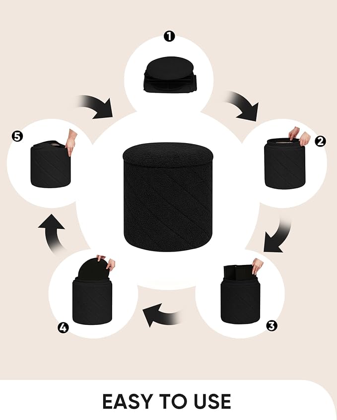 B FSOBEIIALEO Ottoman with Stroage, Boucle Round Storage Ottoman with Tray,Foot Rest Stool for Dorm Room, Living Room Black, 12.99"x12.99"x13.78"