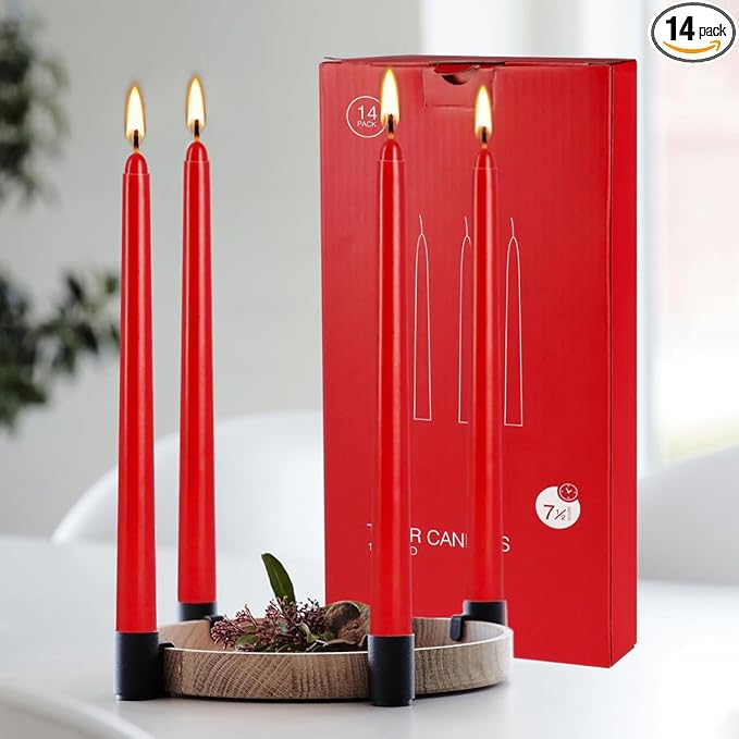14 Pack Glowing Red Tapers Candles- 10-Inch unscented Candles for 8 Hours of Festive Magic, Perfect for Weddings,Christmas, New Year Celebrations…