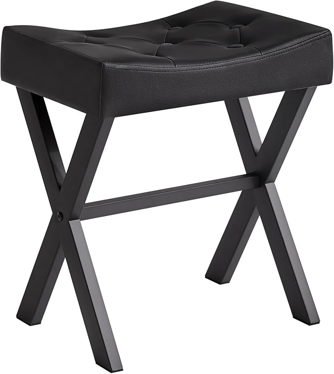 IBUYKE U-Shaped PU Vanity Stool, Square Makeup Chair with X-Leg, Ottoman Seat Footrest Stool, Multi-Use as Small Side Table, for Bedroom, Living Room, Black WBD019B