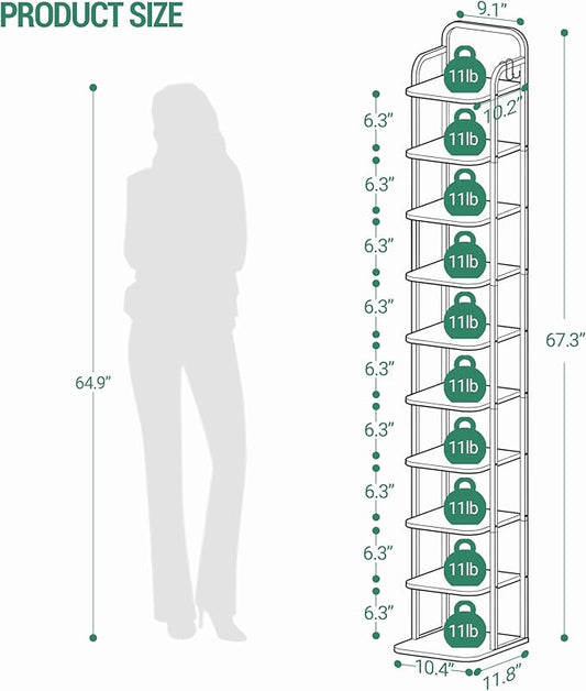 10 Tiers Vertical Shoe Rack, Narrow Shoe Tower, Tall Shoes Shelf with 2 Hooks, Adjustable Shelves, Corner Shoes Shelves for Small Spaces, Entryway, Living Room, Greige SR11205B