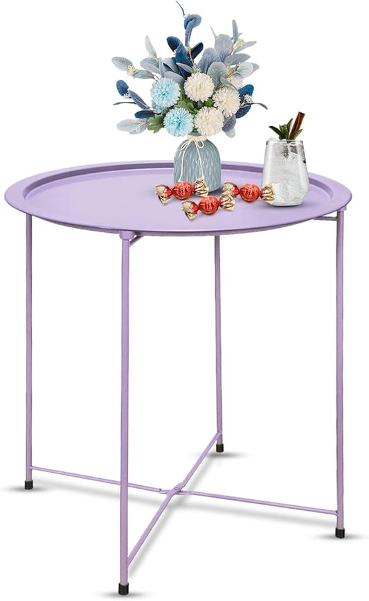 VILAWLENCE Metal End Table Side Table Round Folding Tray, Sofa Small Accent Fold-able Side Table Tray,Outdoor Side Sofa Table, Snack Table for Living Room and Bed Room 18.5 in (Purple)