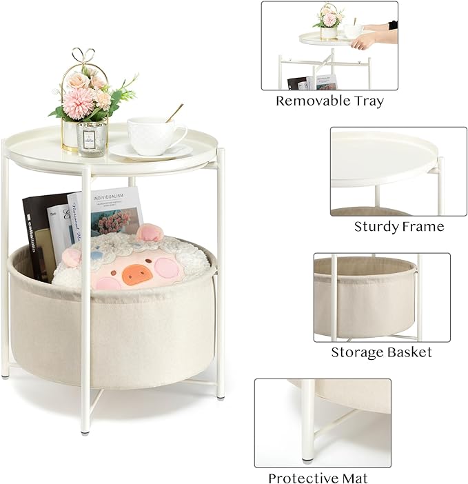 danpinera Round Side Table with Fabric Storage Basket, Metal Side Table Small Bedside Nightstand with Removable Tray Top for Living Room, Bedroom, Nursery, Laundry, White