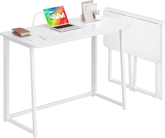 4NM 39.4" Small Folding Desk, Foldable Computer Home Office Desk, Study Writing Table for Small Space Saving Bedroom, Easy Assembly - All White