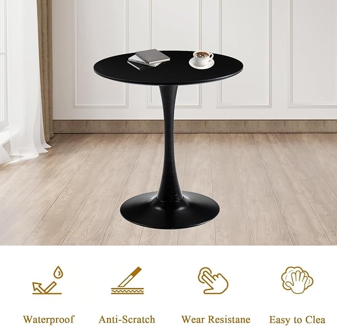 Black Round Dining Table 31.5" Tulip Dining Room Tables Kitchen Dinner Circle Table 2-4 People with MDF Tables Top Mid-Century Small Social Tables for Break, Dining, Living Room, Cafe, Lobby