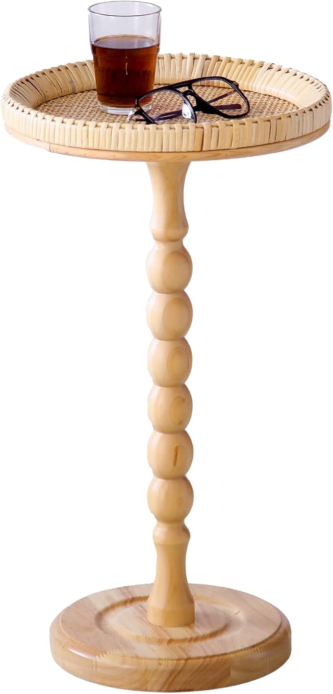 Drink Table，Rattan Round Small Side Table for Small Spaces, Boho Circle End Table Coffee Table with Solid Wood Leg for Living Room, Pedestal Table for Bedroom, Corners