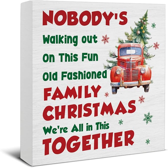 Christmas Vacation Decorations - We're All In This Together Decor, Indoor Christmas Wooden Sign, Tree Truck Home Decor for Desk Table Shelf 5 X 5 Inches