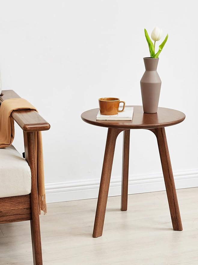 Walnut Round Side Table,Solid Wood End Table - FAS-Grade North American Oak,3-Leg Walnut Accent Side Table for Living Room, Bedroom & Office