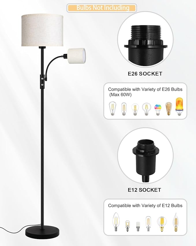 Floor Lamps for Living Room, Modern Floor Lamp with Reading Lamp(9W, 4W), 3 Color Temperature LED Bulbs, 62" Tall Standing Lamp, Beige Lampshades, Simple Pole Lamps for Bedroom/Office/Kids Room/Den