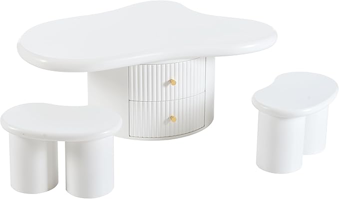 38.2" Cloud Coffee Table with Storage Drawers Irregular Coffee Table with Stools for Living Room Modern Cute Coffee Tables Low Small Center Table for Small Space Apartment Cream White