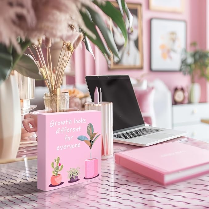 LVQHI Pink Decor For Desk, Growth Looks Different For Everyone Plant Inspirational Motivational Wooden Block Sign For Home Bedroom Office Desk Table Decor, Cheer Up Gift For Coworker Friend