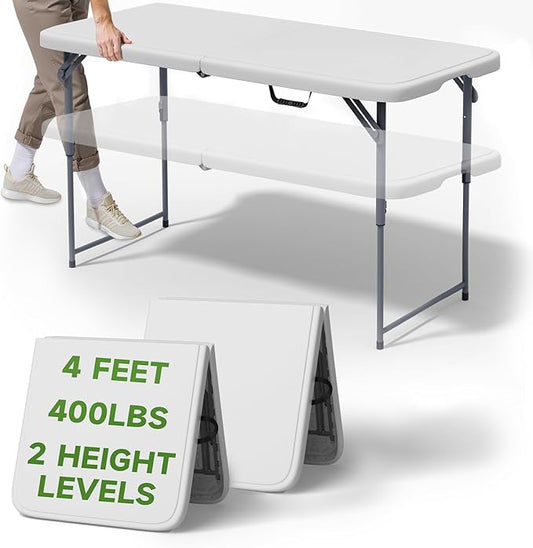 Portable 4-Foot Folding Table 2-Position Adjustable Height, 400 lbs Capacity, for Camping & Parties (2-Pack)