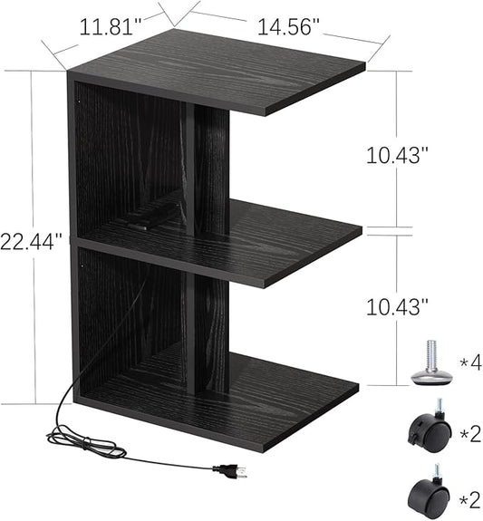 2 Packs Night Stand with Charging Station, Small Side Table for Couch, USB Ports and Outlet, End Table with 3-Layer Storage Shelves for Small Spaces, Living Room, Bedroom, Bedside (Black)