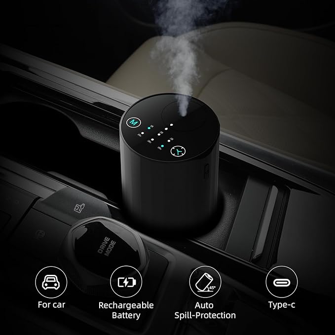 Waterless Essential Oil Diffuser Aromatherapy Scent Diffusers for Home Large Room, Bedroom, Car, Office, Desk, Battery Operated Mini Portable Air Freshener (Black)