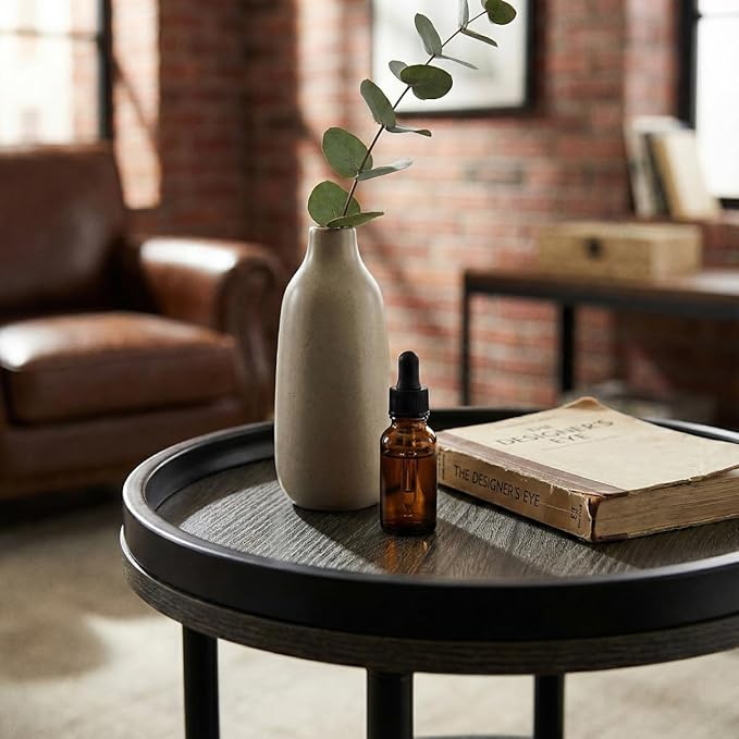 Small Round Side Table, Rustic Grey End Table with Tray Top, 3-Tier Greige Nightstand for Living Room & Bedroom, 11.8" Narrow Corner Table, 21.7" H Industrial Accent Furniture for Small Spaces, Grey