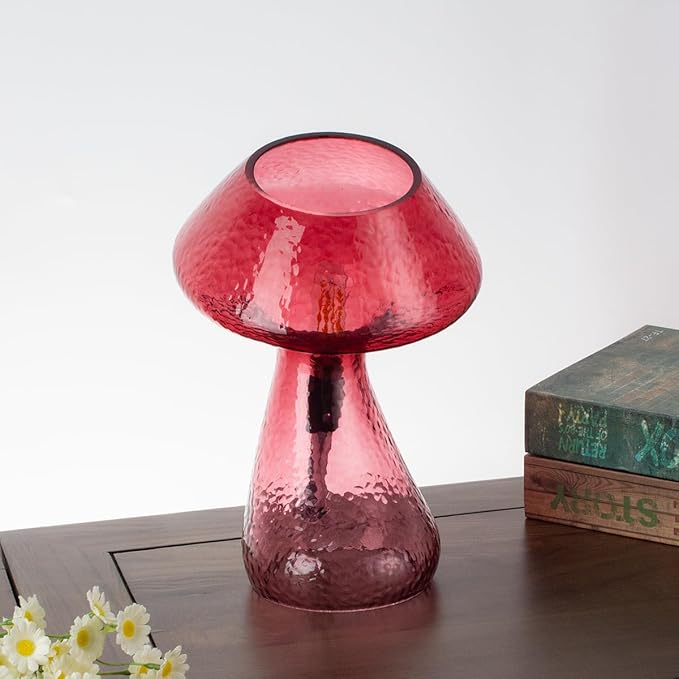 Dimmable Mushroom lamp,red Glass Mushroom Bedside Table Lamp,Village Style Small Nightstand Desklamp for Home Decor, Dining, Living, Bedroom, Gift（LED Bulbs Included）