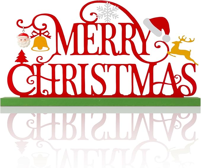 Metal Holiday Table Sign Decor, Decorations Tabletop Centerpiece for Home, Office, Shelf, Tiered Tray, Mantel, Indoor, Merry Christmas