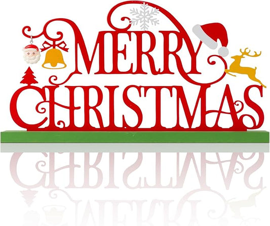 Metal Holiday Table Sign Decor, Decorations Tabletop Centerpiece for Home, Office, Shelf, Tiered Tray, Mantel, Indoor, Merry Christmas