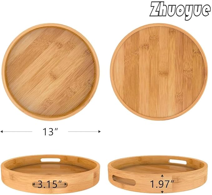 Zhuoyue 13“ Round Serving Tray with Handles - Wood Bamboo Decorative Tray for Ottoman, Coffee Table Circle Tray for Food, Cocktail, Drink
