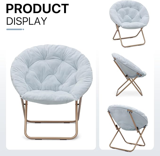 Athena Collection Comfy Saucer Chair Folding Cozy Chair for Bed Room Living Room Accent Chair Faux Fur Reading Chair Foldable Metal Frame Lazy Chair Moon Chair for Adult Set of 2, Blue