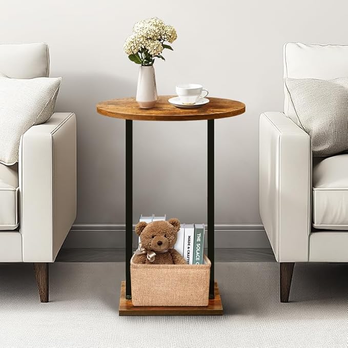 Eufrozy Small Side Table for Small Spaces, 24 inch Wooden Round End Table with Fabric Basket, Wood Accent Table for Couch Sofa Drink Sidetable Living Room Bedroom Rustic