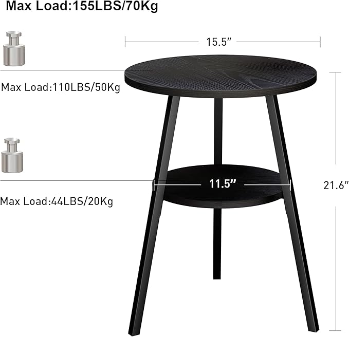 INHABIT UNION Round Side Table, 2-Tier End Table with Black Wood Top and Metal Frame, Small Accent Table for Living Room, Bedroom, 15.4" D x 21.6" H