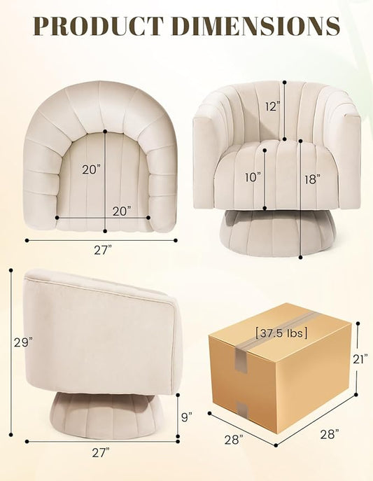 Kromax Swivel Accent Chair with Armrest, Set of 2, Mid Century 360 Degree Swivel Barrel Chair Overstuffed Tufted Velvet, Ideal for Living Room, Bedroom, Reading Room, Beige