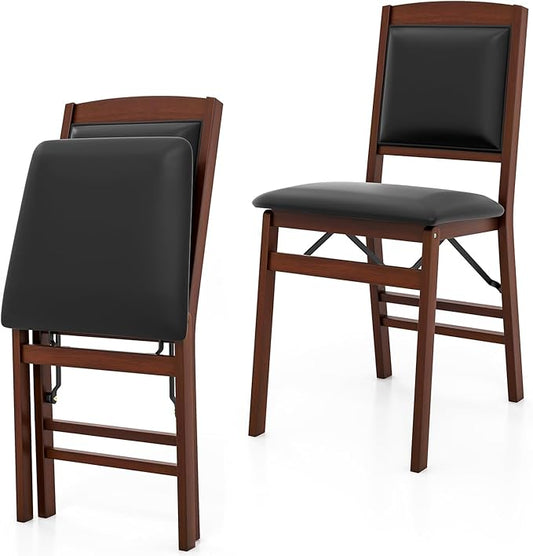 Folding Chairs Set 2, Wooden Foldable No Assembly Chair-Set with Padded Seats, Solid Wood Frame, 400 lbs Weight Capacity, Space Saving Dining Chairs for Small Space, Guests Kitchen (2, Padded Back)