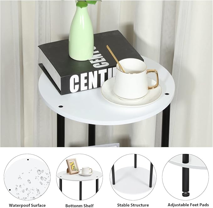 SEHERTIWY Round Side Table for Living Room, White End Tables Living Room Set of 2, Accent Table for Small Spaces, Round Nightstand for Bedrooms