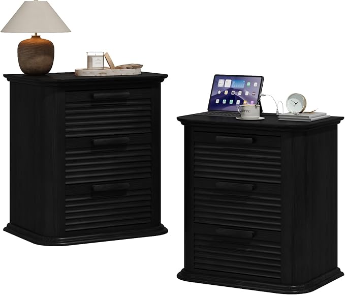 22'' Fluted Nightstand with Charging Station Set of 2, Modern End Table w/ 3 Drawers and Storage, Wood Night Stand with Round Corner, Side Table Dresser for Bedroom, Living Room, Curved Profile,Black