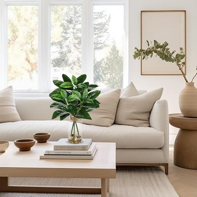 DILATATA Artificial Magnolia Stems in Glass Vase with Faux Water and Real Stones 15" Fake Greenery Plant Magnolia Leaves for Home Office Farmhouse Bathroom Bedroom Kitchen Table Centerpiece Decor