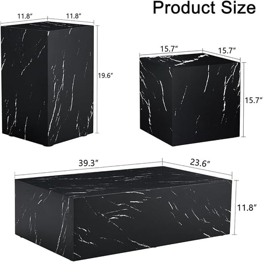Coffee Table Set for 3, Living Room Table Set, Black Faux Marble Coffee Table and Side Table, Modern Coffee Table Set, Center Table Set, No Assembly Required - Ready to Use