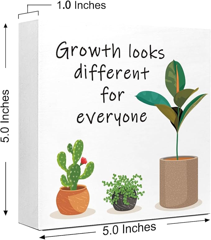 LVQHI Inspirational Wood Block Sign,Growth Looks Different for Everyone Plant Motivational Wooden Block Sign for Home Bedroom Office Desk Table Decor,Inspirational Cheer Up Gift for Coworker Friend