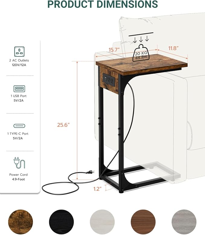 C-Shaped Side Table for Couch - Small Coffee Stand Sofa Tray Desk with Metal Frame Waterproof Scratch Resistant Wood Top and Built-in Charging Station, Rustic Brown