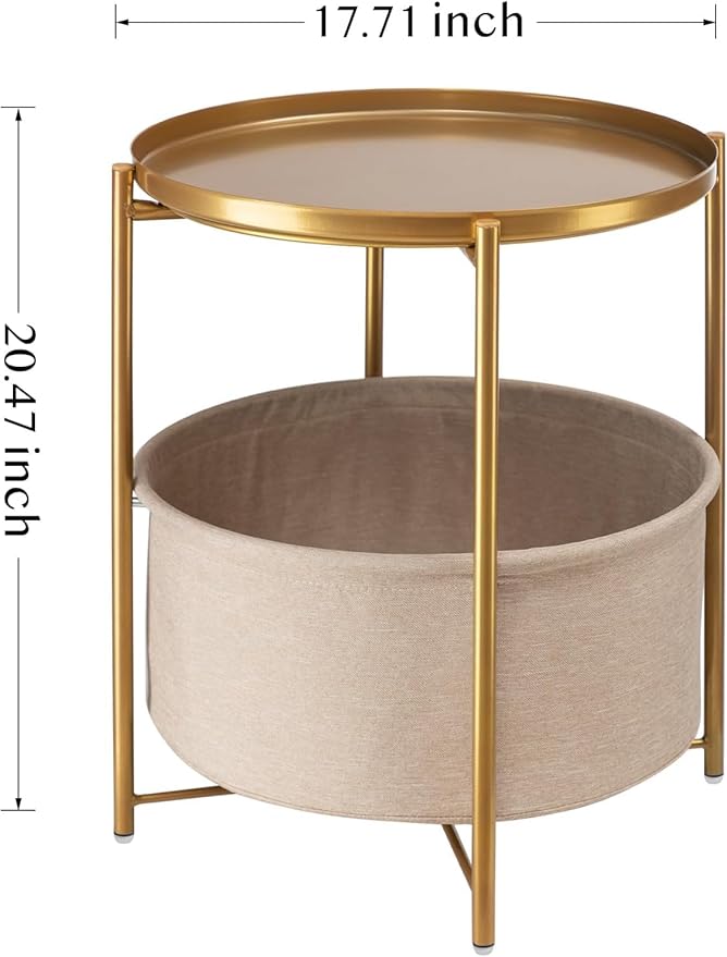 danpinera Round Side Table with Fabric Storage Basket, Metal Side Small Bedside Table Nightstand with Removable Tray Top for Living Room, Bedroom, Nursery, Laundry, Gold