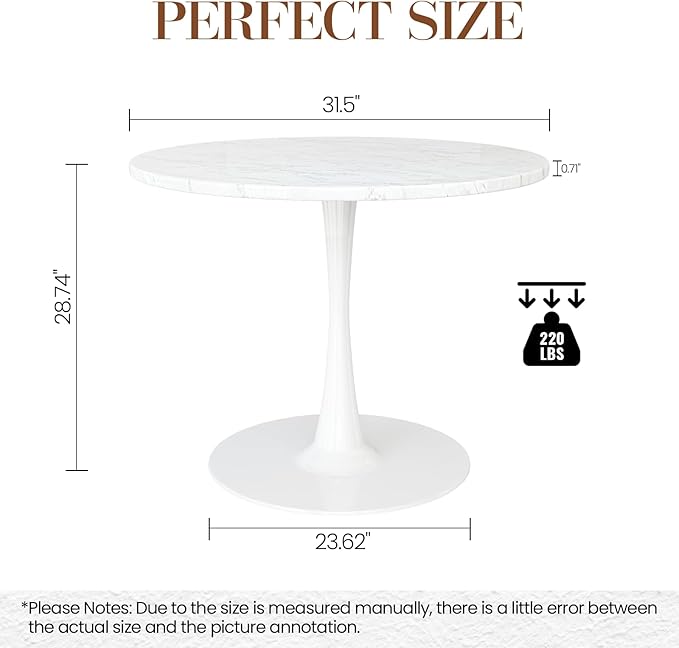 DKLGG White Marble Round Dining Table, 31.5" Tulip Kitchen Dining Table 2-4 People with MDF Top & Pedestal Base, Mid-Century End Table Leisure Coffee Office Living Room Table